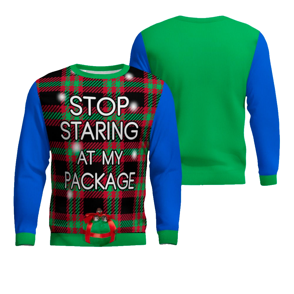 Stop Staring at My Package Ugly Christmas Sweater Blue – Moonbestprint