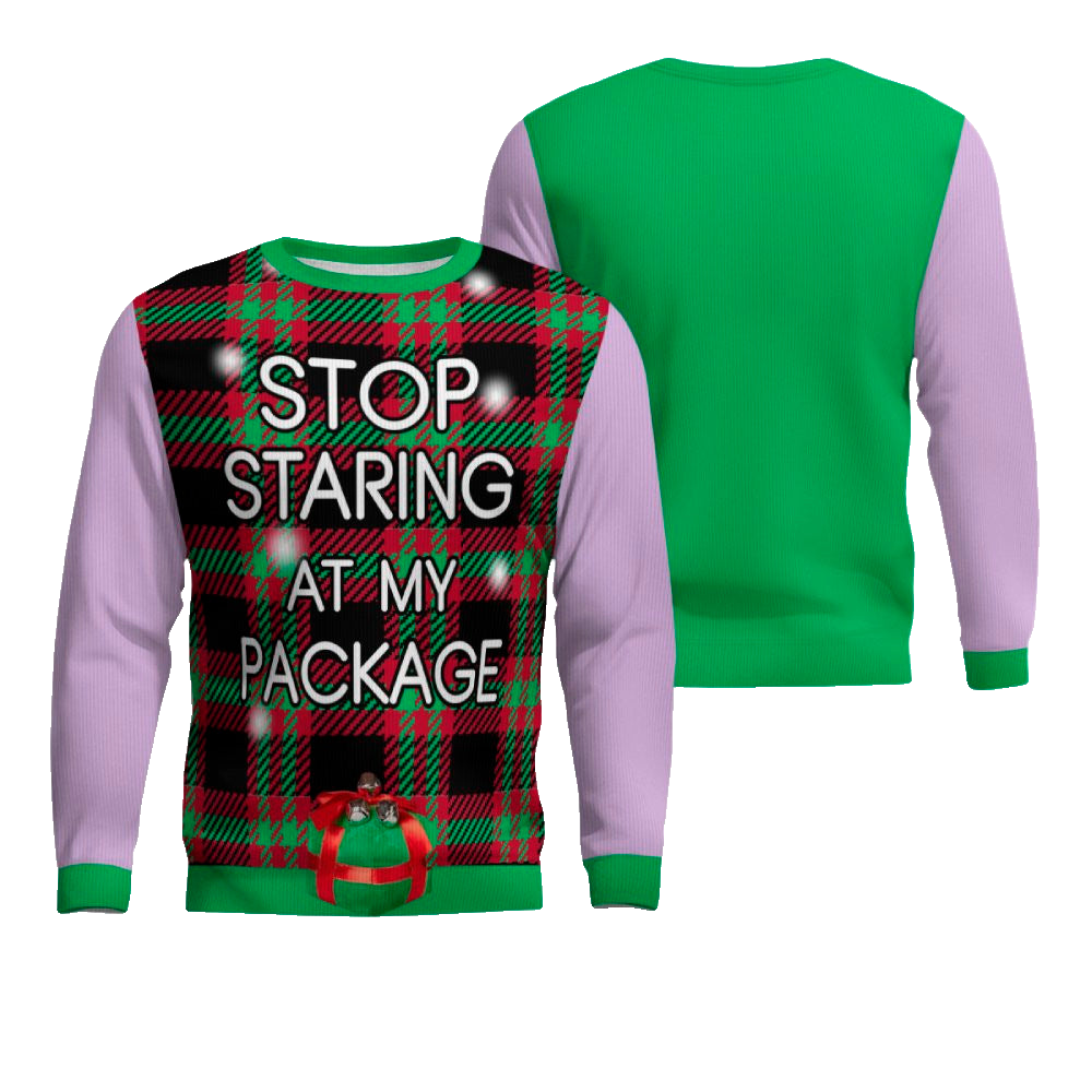 Stop Staring at My Package Ugly Christmas Sweater Dreamy Lavender – Moonbestprint