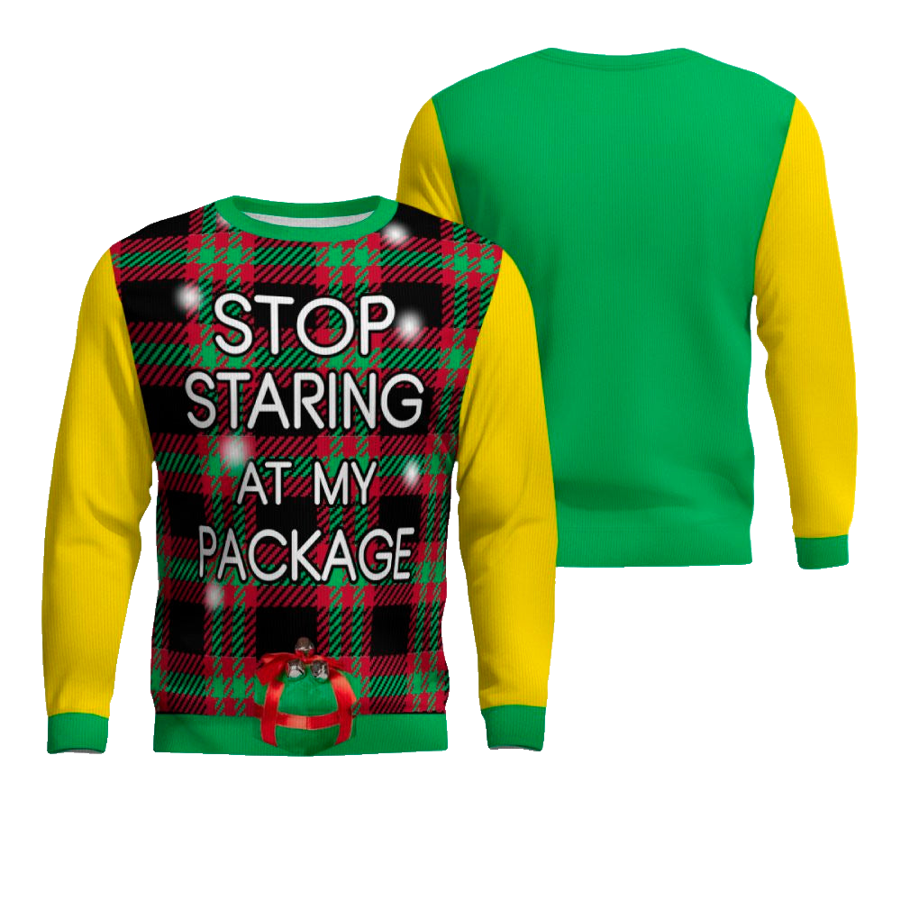 Stop Staring at My Package Ugly Christmas Sweater Golden Yellow – Moonbestprint