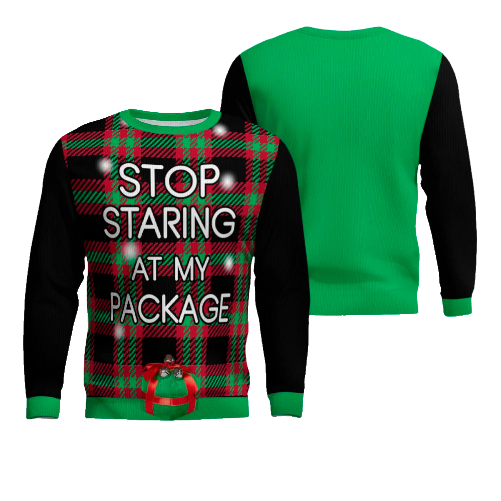 Stop Staring at My Package Ugly Christmas Sweater Black – Moonbestprint