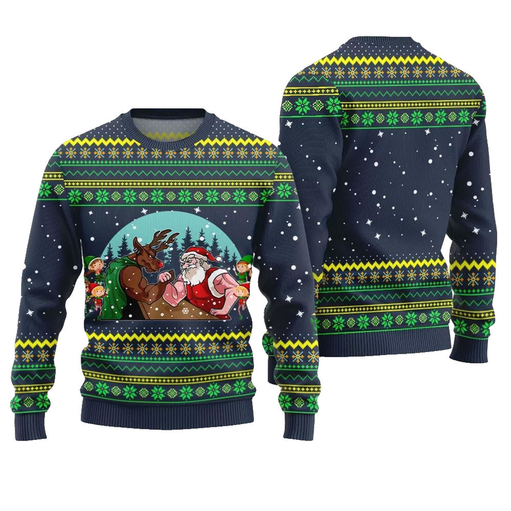 Santa Vs Reindeer Arm Wrestling Ugly Christmas Sweater - Moonbestprint