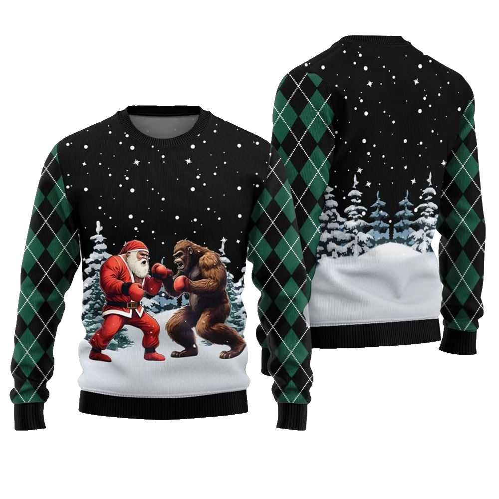 Santa Vs Bigfoot Boxing Ugly Holiday Sweater - Moonbestprint