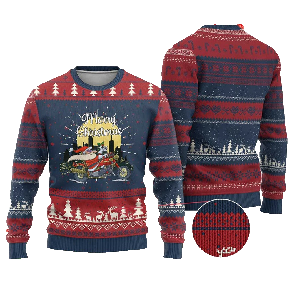Santa Riding Motorcycle Biker Ugly Christmas Sweater - Moonbestprint