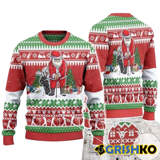 Santa Playing Golf For Unisex Ugly Christmas Sweater - Moonbestprint