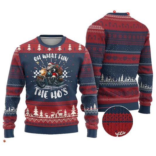 Santa Motorcycle Oh What Fun The Ho's Ugly Christmas Sweater - Moonbestprint