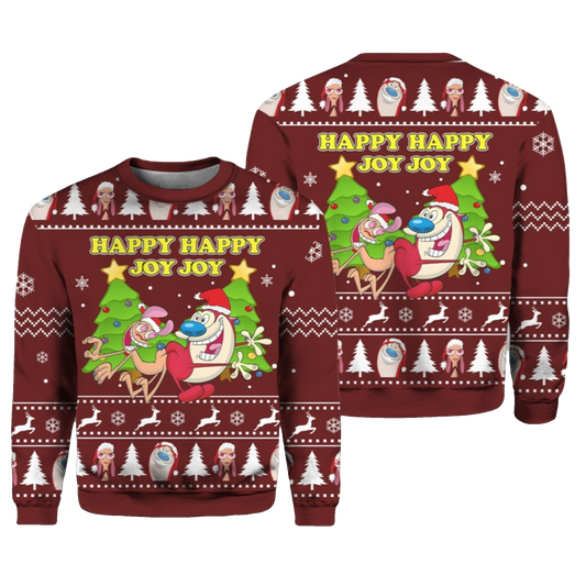 Ren And Stimpy Happy Happy Joy Joy Ugly Sweater 2026 Christmas - Moonbestprint