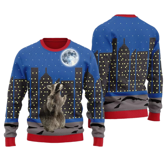 Raccoon Look At Moon Ugly Sweater 2026 Christmas - Moonbestprint