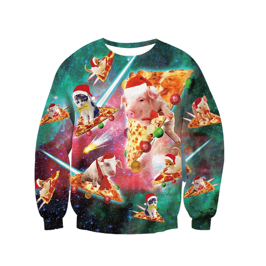 Pig Cat Pizza Ugly Christmas Sweater - Moonbestprint