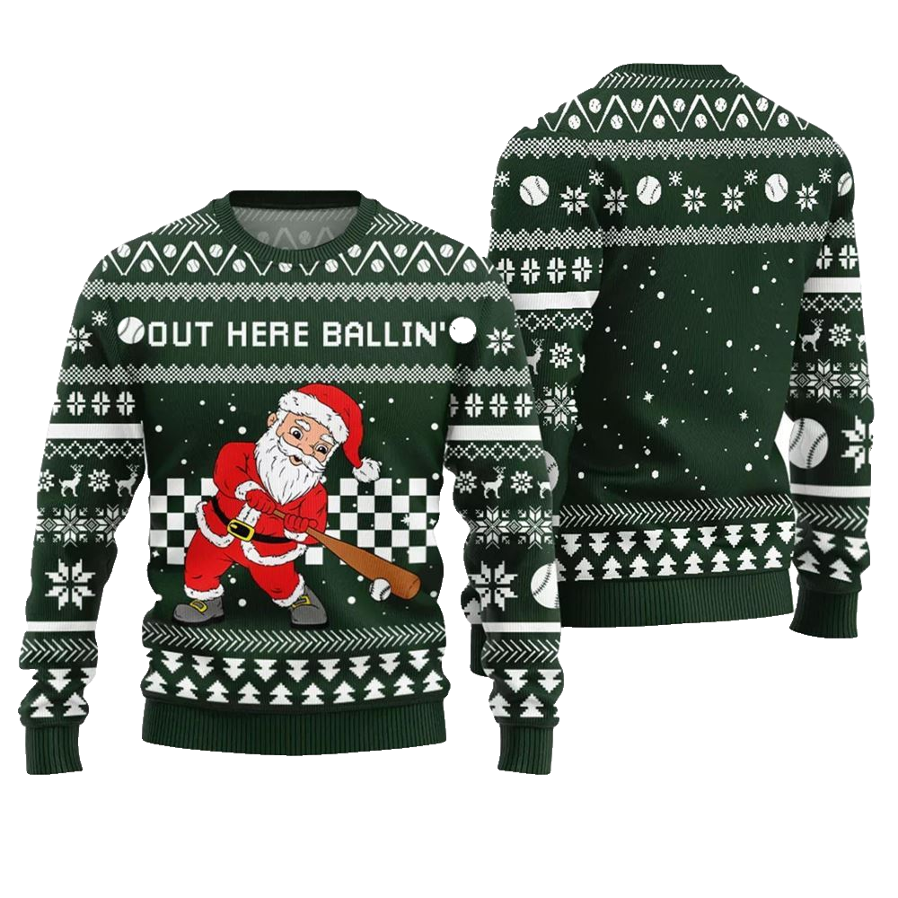 Out Here Ballin Santa Baseball Ugly Holiday Sweater - Moonbestprint