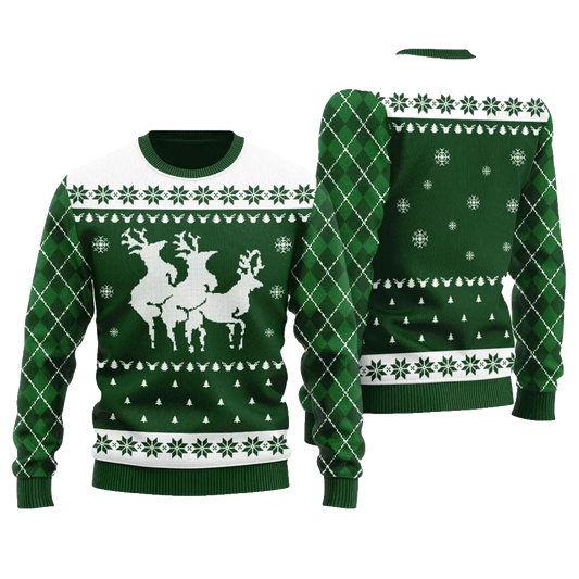 Naughty Threesome Reindeer Ugly Christmas Sweater Green – Moonbestprint