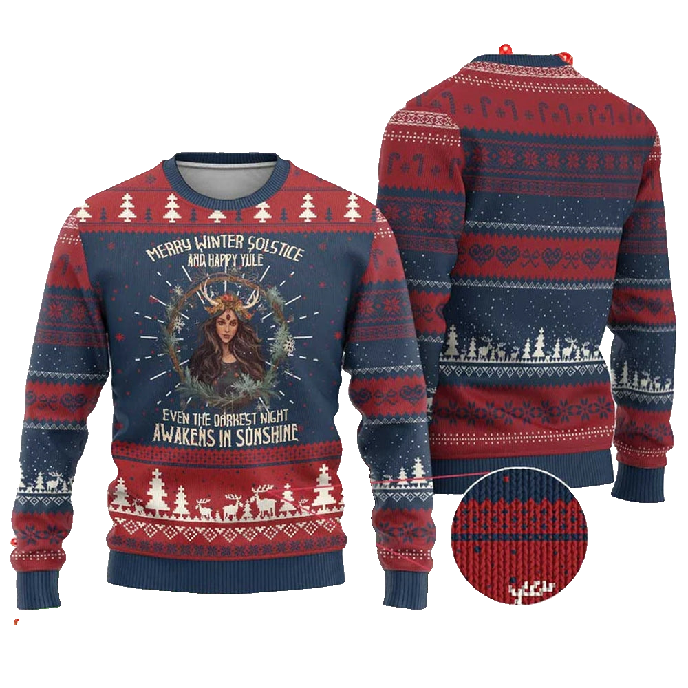 Merry Winter Solstice And Happy Yule Even The Darkest Night Awakens In Sunshine Ugly Christmas Sweater - Moonbestprint