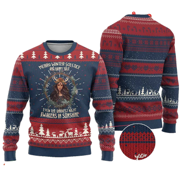 Merry Winter Solstice And Happy Yule Even The Darkest Night Awakens In Sunshine Ugly Christmas Sweater - Moonbestprint