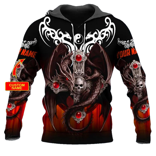 Yinyang Winged Dragon Cross Skull Custom 3D All Over Print Hoodie -Moonbestprint