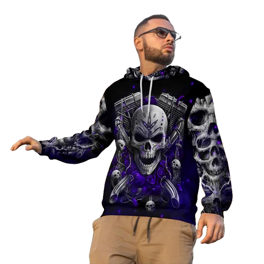 Violet Ghost Rider Skull 3D All Over Print Hoodie -Moonbestprint