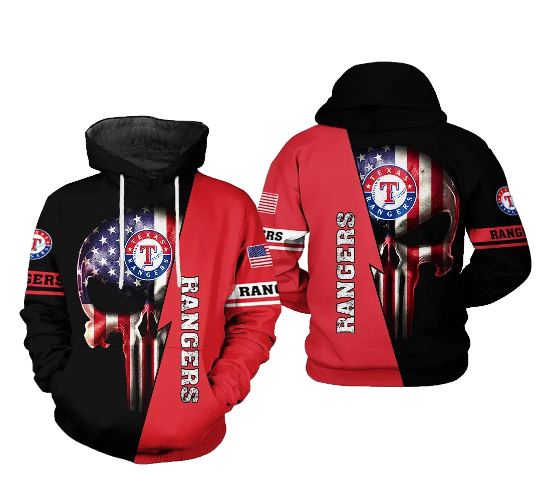 Texas Rangers MLB US Flag Skull 3D MLB All Over Print Hoodie -Moonbestprint