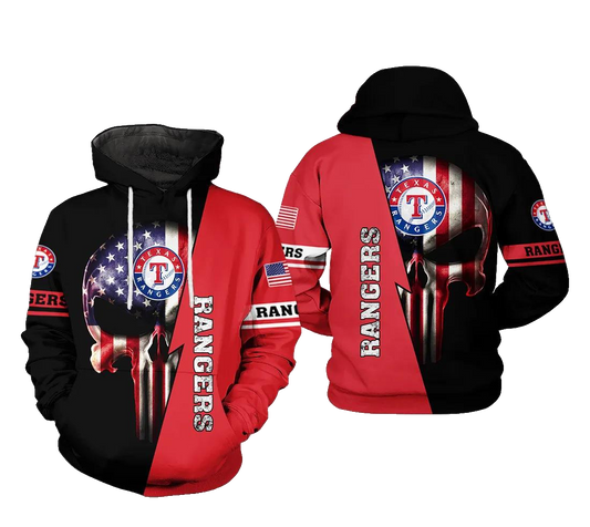 Texas Rangers MLB US Flag Skull 3D MLB All Over Print Hoodie -Moonbestprint