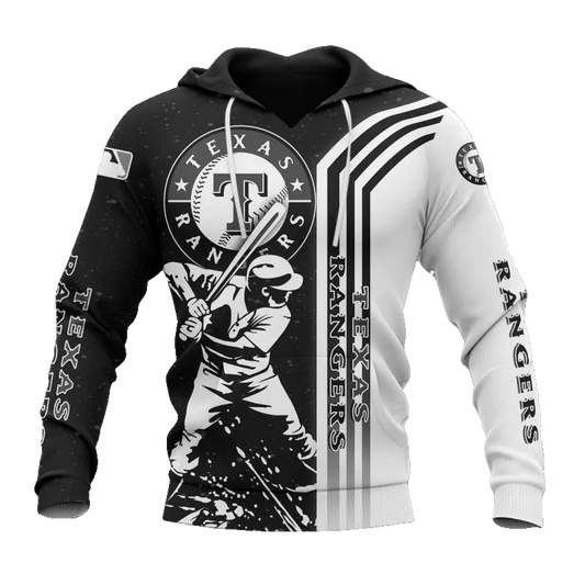 Texas Rangers Black And White MLB All Over Print Hoodie -Moonbestprint