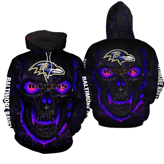 Skull Baltimore Ravens Black NFL 3D All Over Print Hoodie -Moonbestprint