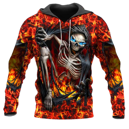 Skeleton Crawling Out Of Hell Skull 3D All Over Print Hoodie -Moonbestprint