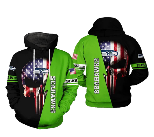 Seattle Seahawks NFL US Flag Skull Team NFL 3D All Over Print Hoodie -Moonbestprint
