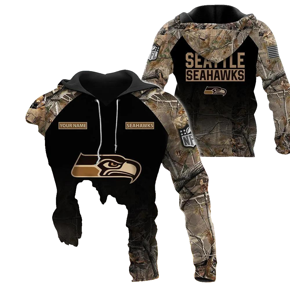 Seattle Seahawks Personalized Hunting Camo NFL 3D All Over Print Hoodie -Moonbestprint