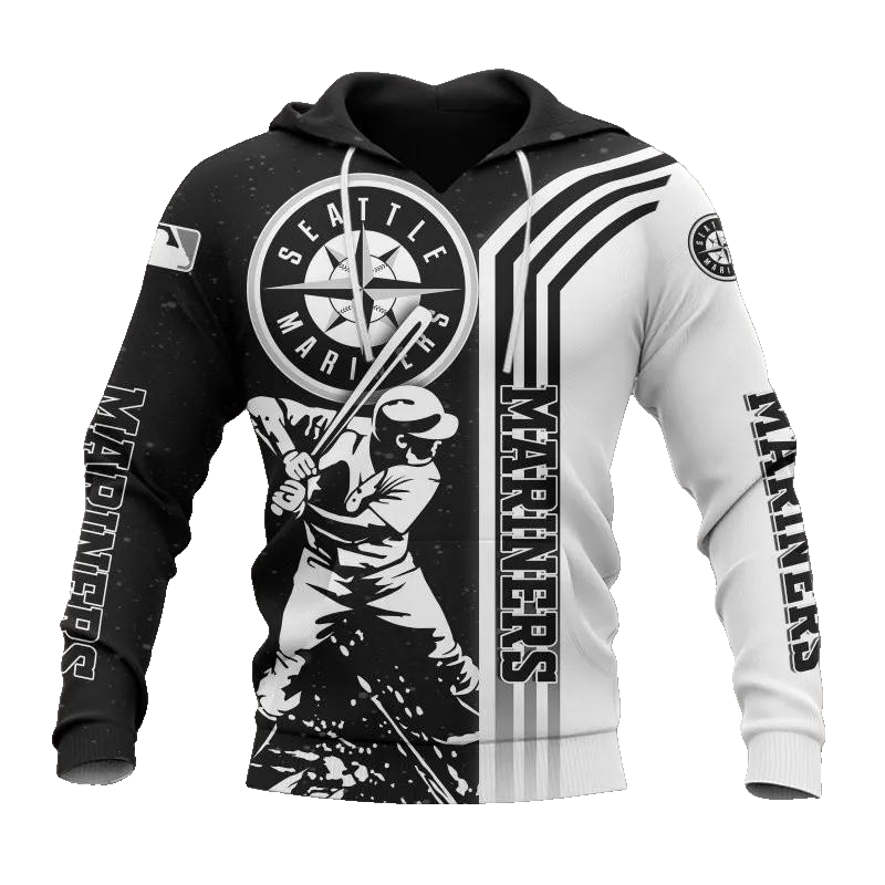 Seattle Mariners Black And White MLB All Over Print Hoodie -Moonbestprint