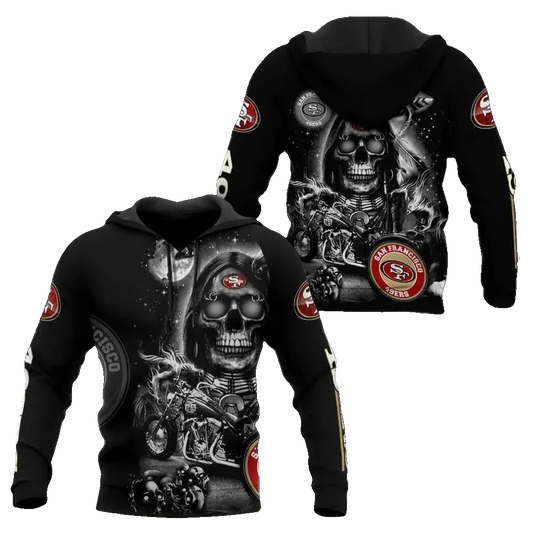 San Francisco 49ers Skeleton Motorbike NFL 3D All Over Print Hoodie -Moonbestprint