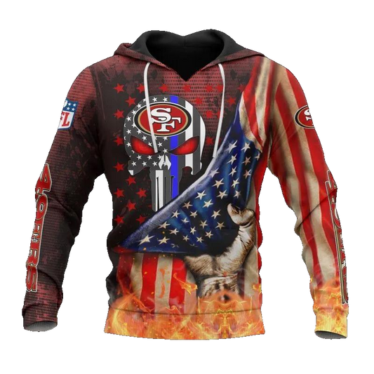 San Francisco 49ers American Flag Skull NFL 3D All Over Print Hoodie -Moonbestprint