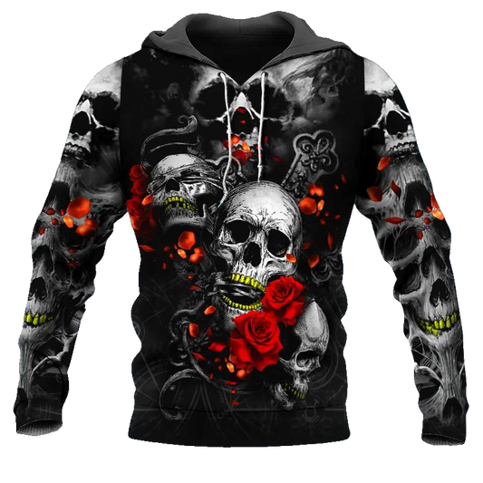 Roses See Speak and Hear No Evil Skull 3D All Over Print Hoodie -Moonbestprint
