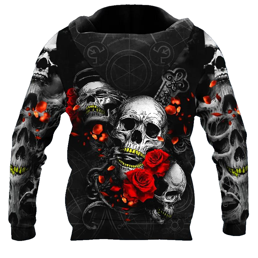 Roses See Speak and Hear No Evil Skull 3D All Over Print Hoodie -Moonbestprint