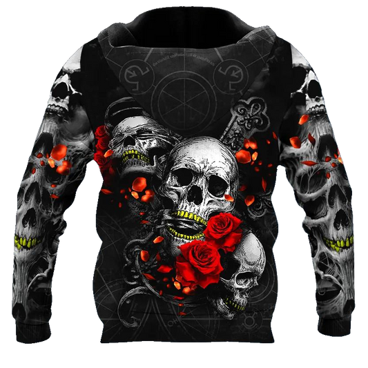 Roses See Speak and Hear No Evil Skull 3D All Over Print Hoodie -Moonbestprint