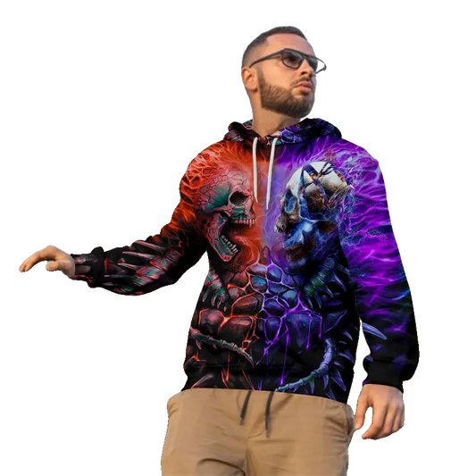 Red Purple War Skull 3D All Over Print Hoodie -Moonbestprint