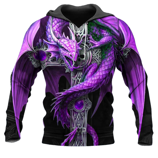 Purple Winged Dragon On Cross Sword Skull 3D All Over Print Hoodie -Moonbestprint