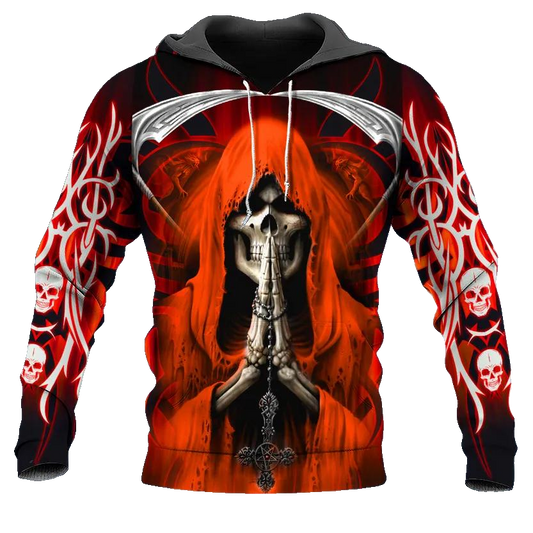 Praying Grim Reaper Red Skull 3D All Over Print Hoodie -Moonbestprint