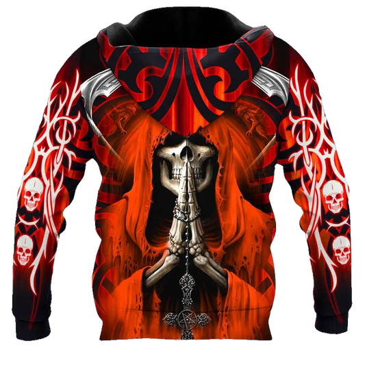 Praying Grim Reaper Red Skull 3D All Over Print Hoodie -Moonbestprint