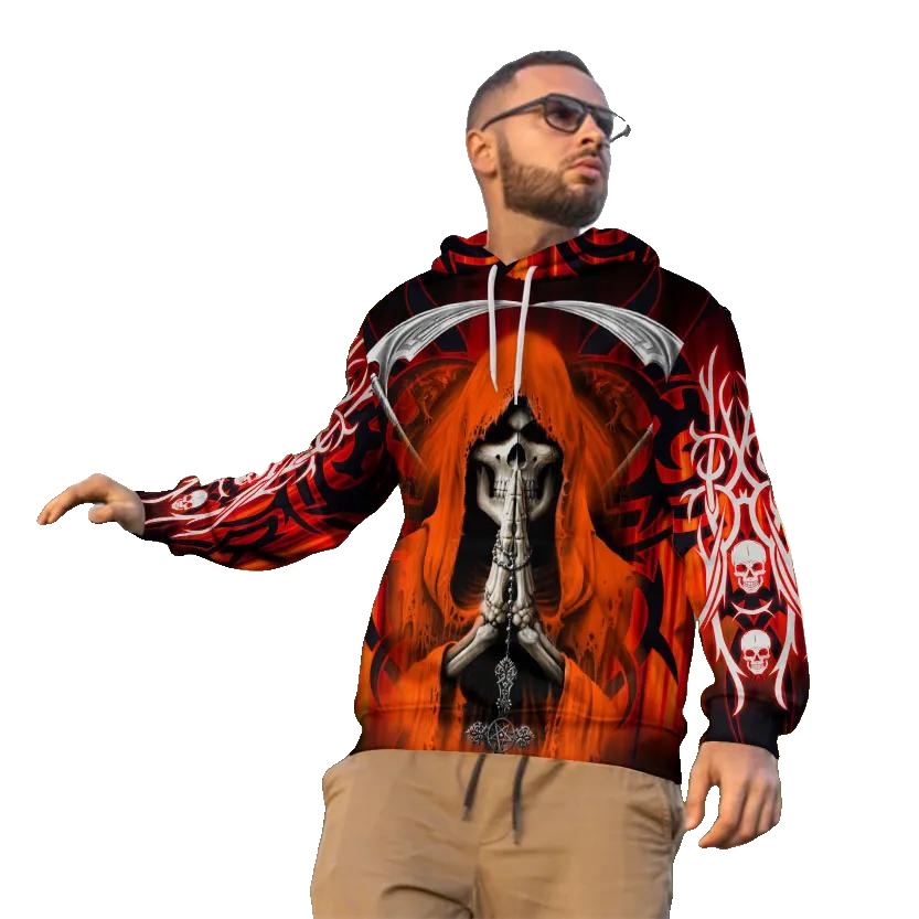 Praying Grim Reaper Red Skull 3D All Over Print Hoodie -Moonbestprint