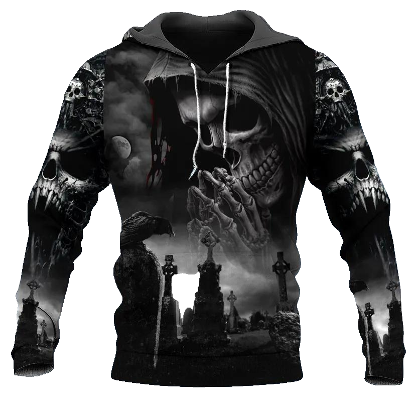 Praying Grim Reaper In Graveyard Skull 3D All Over Print Hoodie -Moonbestprint