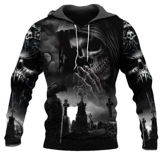 Praying Grim Reaper In Graveyard Skull 3D All Over Print Hoodie -Moonbestprint