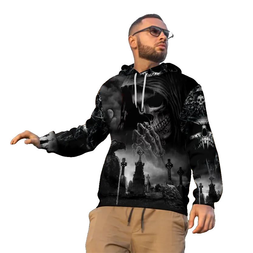Praying Grim Reaper In Graveyard Skull 3D All Over Print Hoodie -Moonbestprint