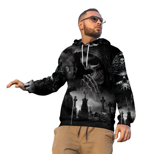 Praying Grim Reaper In Graveyard Skull 3D All Over Print Hoodie -Moonbestprint