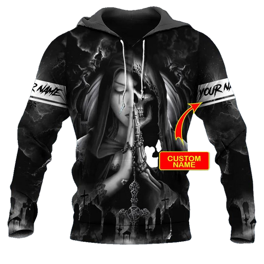 Praying Beauty n Grim Reaper Skull Custom 3D All Over Print Hoodie -Moonbestprint