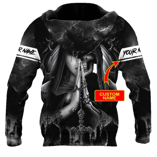 Praying Beauty n Grim Reaper Skull Custom 3D All Over Print Hoodie -Moonbestprint