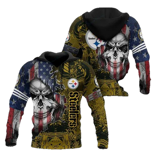 Pittsburgh Steelers Skull American Flag NFL 3D All Over Print Hoodie -Moonbestprint
