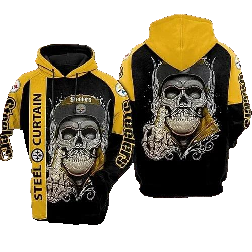 Pittsburgh Steelers Skeleton Middle Finger NFL 3D All Over Print Hoodie -Moonbestprint