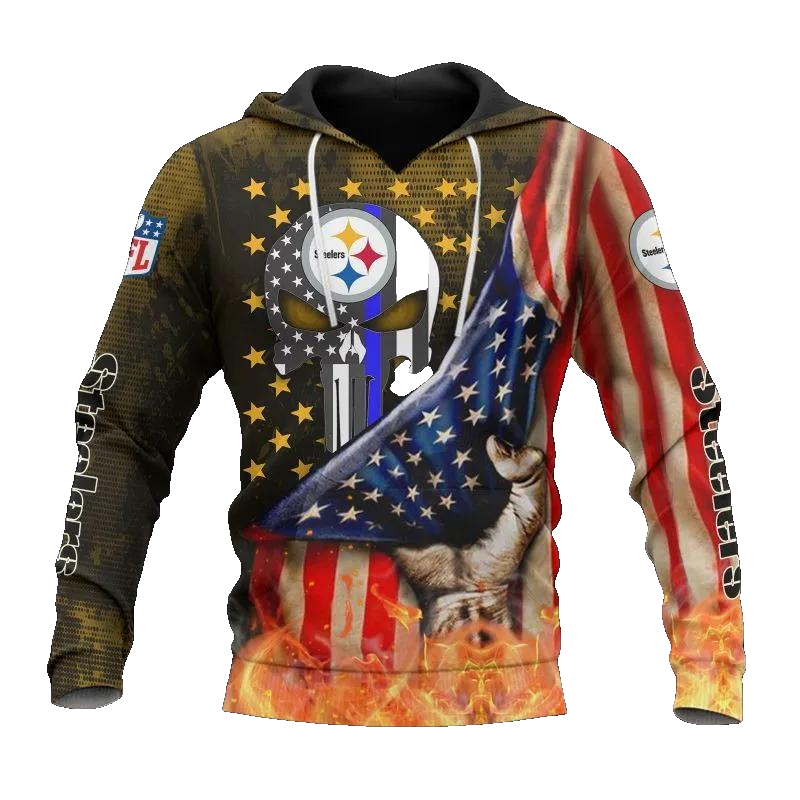 Pittsburgh Steelers American Flag Skull NFL 3D All Over Print Hoodie -Moonbestprint