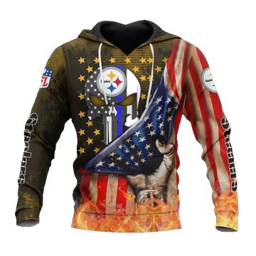 Pittsburgh Steelers American Flag Skull NFL 3D All Over Print Hoodie -Moonbestprint