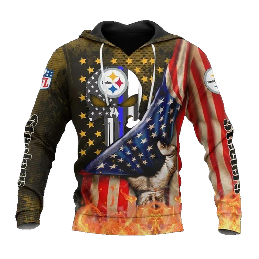 Pittsburgh Steelers American Flag Skull NFL 3D All Over Print Hoodie -Moonbestprint