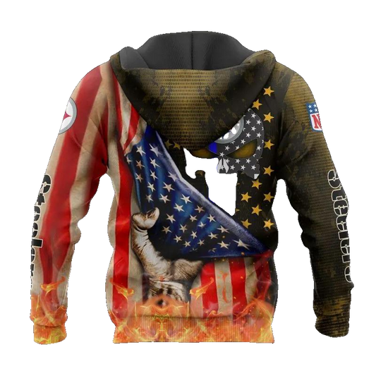 Pittsburgh Steelers American Flag Skull NFL 3D All Over Print Hoodie -Moonbestprint