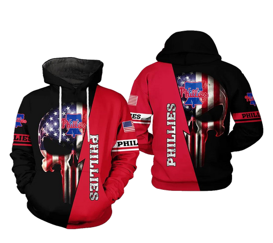 Philadelphia Phillies MLB US Flag Skull 3D MLB All Over Print Hoodie -Moonbestprint
