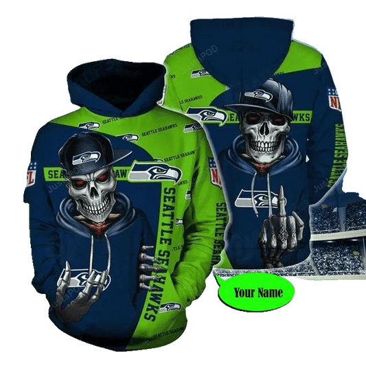 Personalized Seattle Seahawks Hiphop Skeleton Hold Logo Seahawks NFL 3D All Over Print Hoodie -Moonbestprint